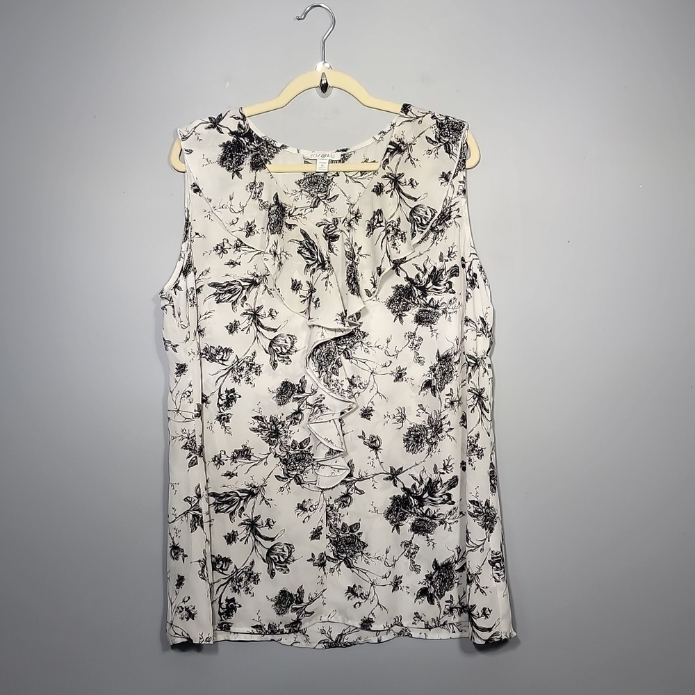 Roz & Ali Women's Floral Black & Ivory Cream Short Sleeve Ruffle Blouse